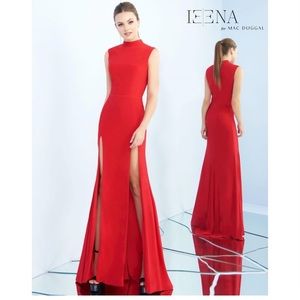 IEENA for Mac Duggal Red Jersey Formal Gown High Neck Two Front Slits